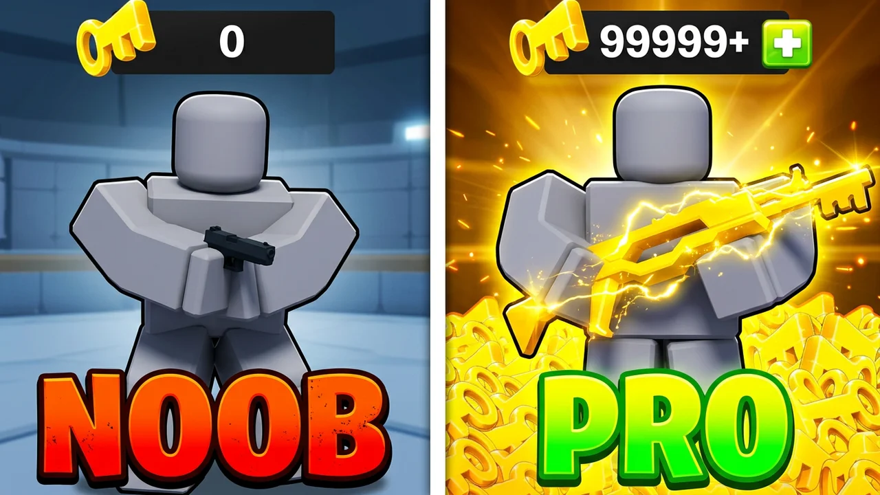 Roblox Rivals noob vs pro thumbnail template, a noob with a pistol and 0 keys on the left, a pro with a glowing gold rifle on a pile of keys on the right