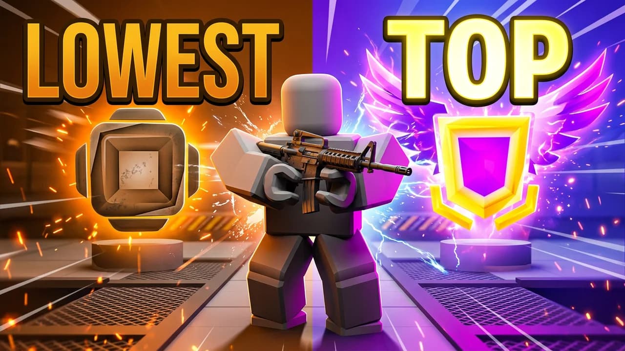 Roblox Rivals ranked thumbnail template, a split frame with a bronze rank badge and LOWEST on a dim orange side, a winged top rank badge and TOP on a purple side, and a player with a rifle in the middle