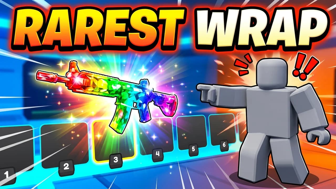 Roblox Rivals rarest wrap thumbnail template, a glowing rainbow crystal rifle lifted out of a row of weapon slots while a player points at it