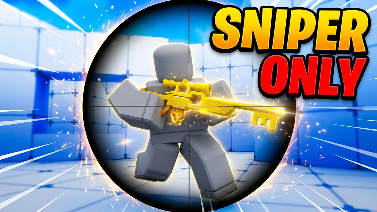 Roblox Rivals sniper only thumbnail template, a player with a glowing gold key sniper seen through a round scope crosshair, big SNIPER ONLY text