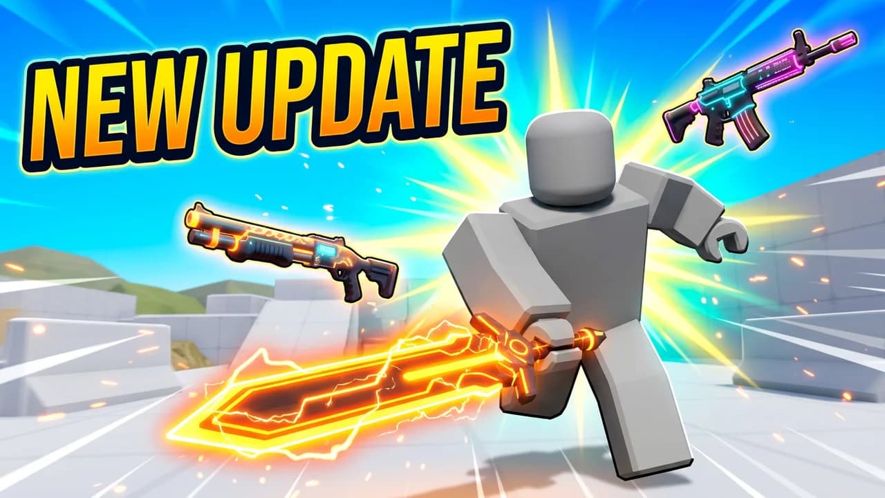 Roblox Rivals new update thumbnail template, a player lunging with a glowing new sword while two new weapon skins float beside him, big NEW UPDATE text