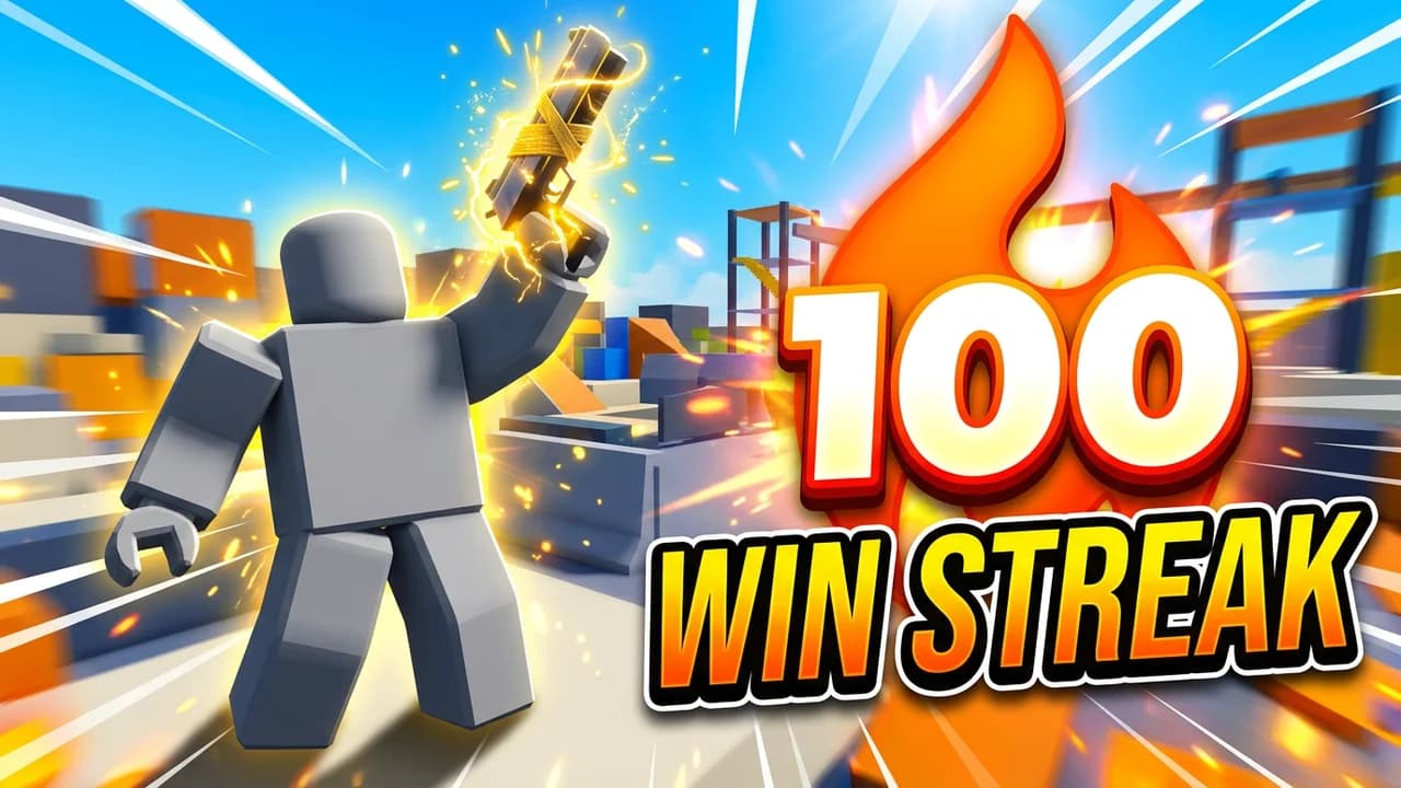 Roblox Rivals 100 win streak thumbnail template, a player raising a glowing gold weapon next to a huge flame with 100 and WIN STREAK