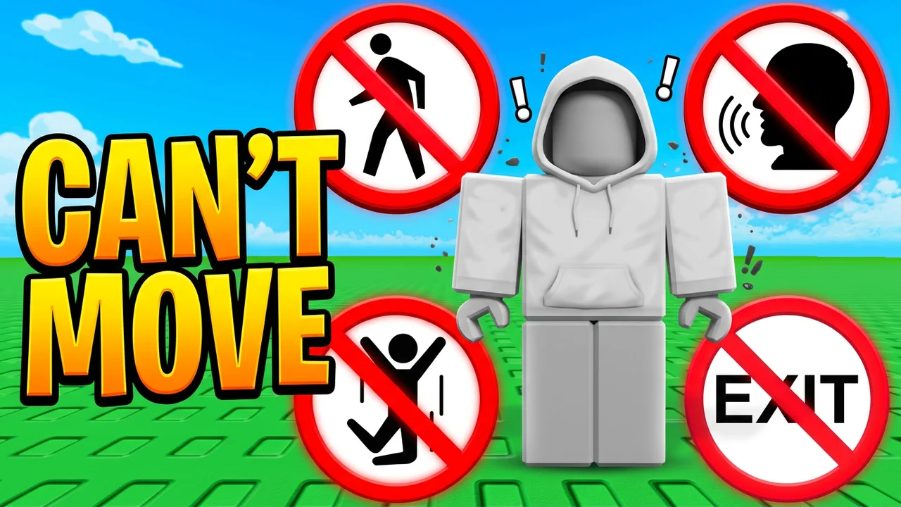 Roblox can't move challenge thumbnail template, an avatar in a hoodie on a green baseplate surrounded by four red prohibition signs for walking, talking, jumping and exit, CAN'T MOVE text