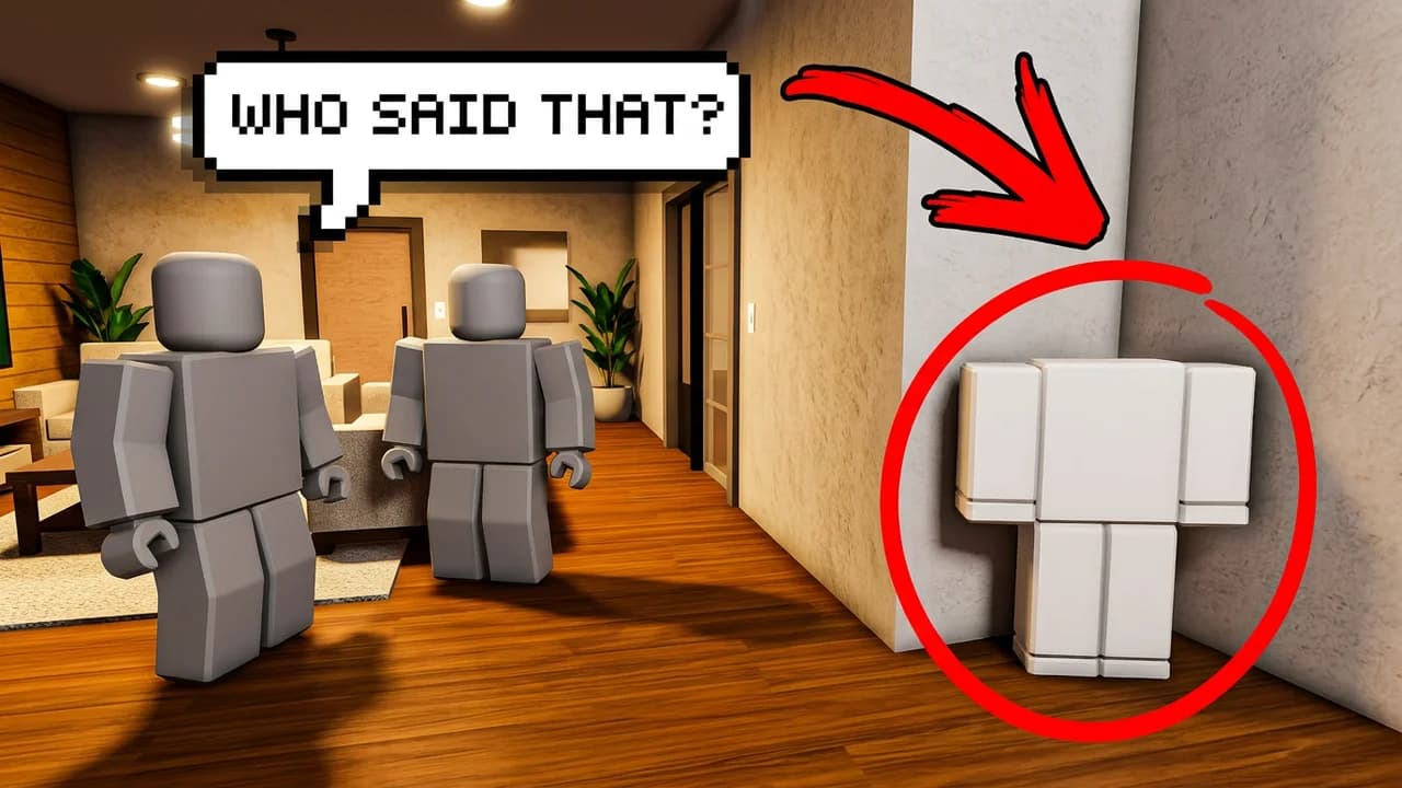 Roblox troll thumbnail template, two avatars in a living room looking around and a third avatar pressed flat into the wall corner, circled in red with an arrow, WHO SAID THAT? speech bubble