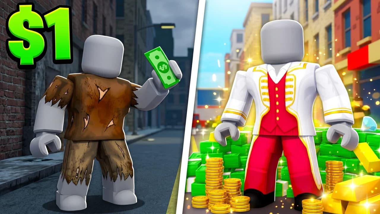 Roblox $1 to billionaire thumbnail template, an avatar in torn clothes holding one dollar in a dark alley on the left and an avatar in a white and gold suit standing in piles of cash, coins and gold bars on the right, big green $1 text