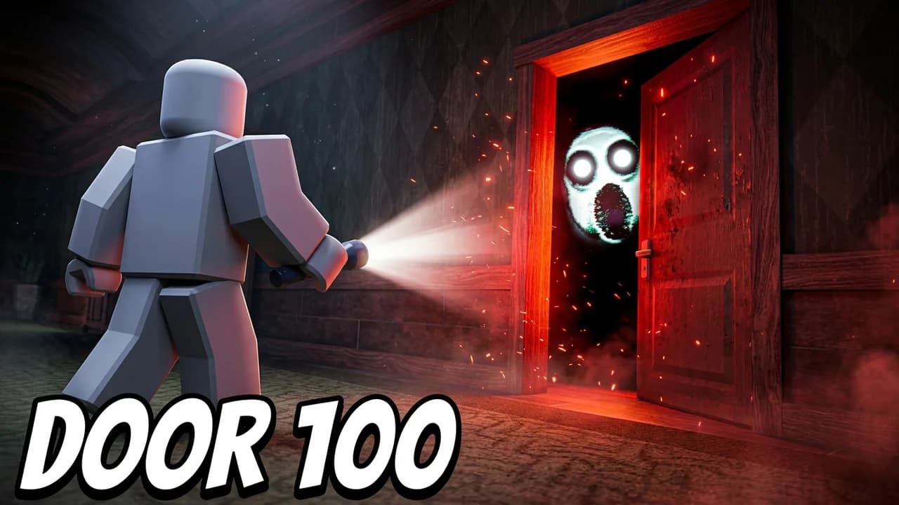 Roblox horror doors thumbnail template, an avatar with a flashlight in a dark hallway facing a glowing red door with a ghostly white face in the doorway, DOOR 100 text
