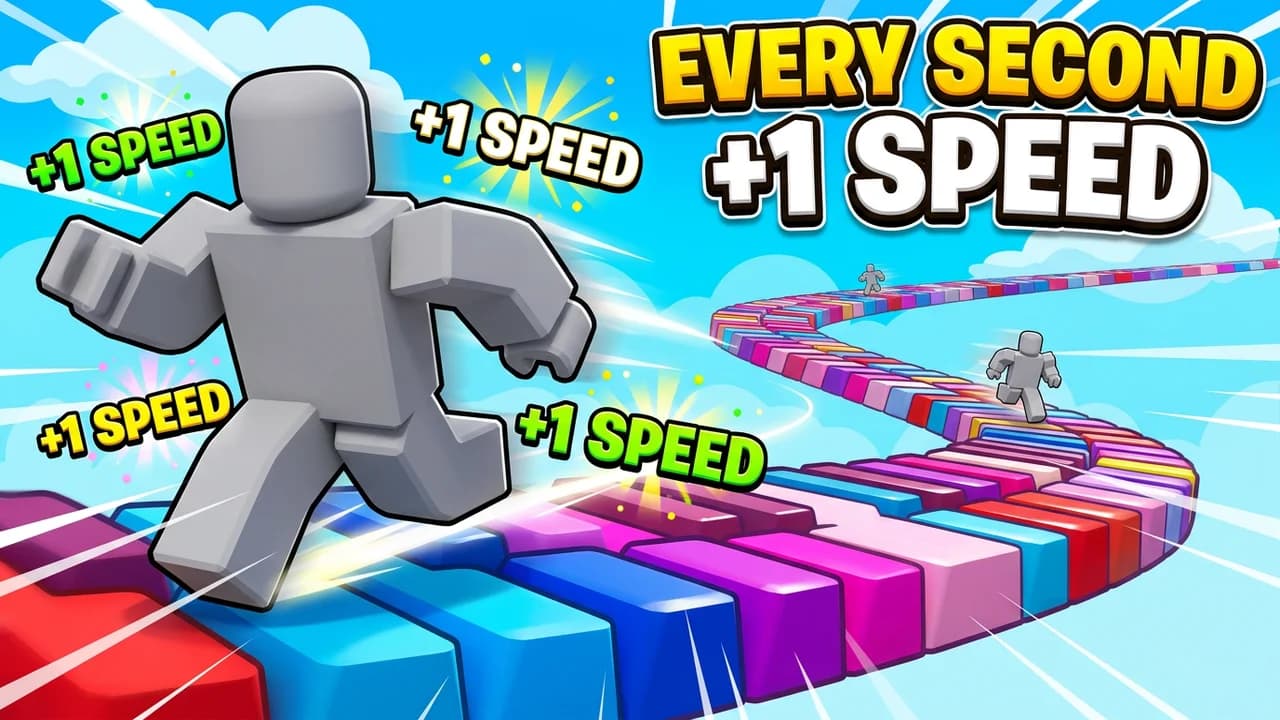 Roblox every second +1 speed thumbnail template, an avatar sprinting on a winding rainbow block track with +1 SPEED pop-ups around them and two avatars behind, EVERY SECOND +1 SPEED text