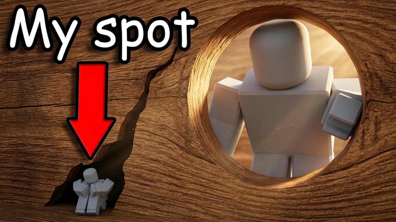 Roblox hide and seek thumbnail template, a seeker peeking through a round hole in a wooden wall while a tiny avatar hides in a crack below, a red arrow and My spot text