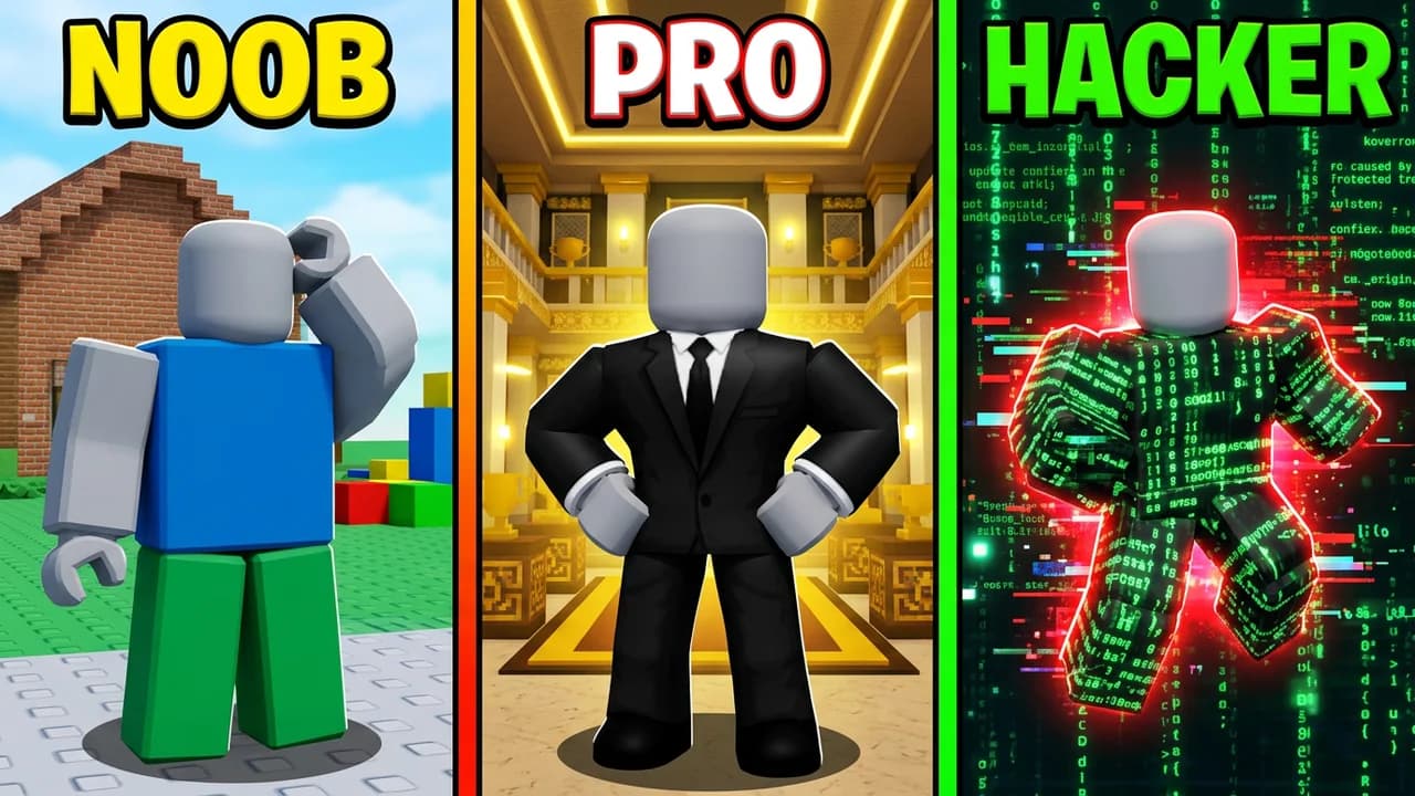Roblox noob vs pro vs hacker thumbnail template, three panels: a noob in a blue shirt by a brick house, a pro in a black suit in a gold hall, and a hacker covered in glowing green code with a red aura, NOOB PRO HACKER text