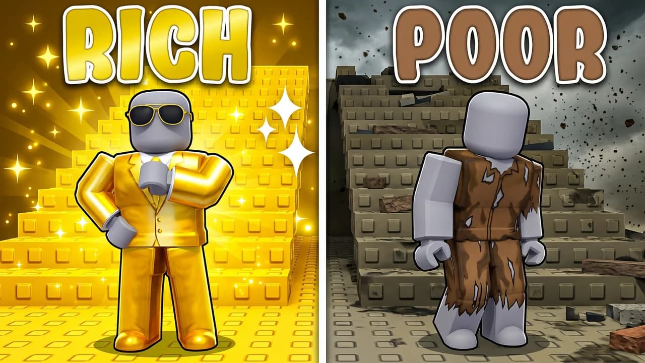Roblox rich vs poor thumbnail template, an avatar in a gold suit and sunglasses on gold block stairs on the left and an avatar in torn brown clothes on crumbling stone ruins on the right, RICH and POOR text