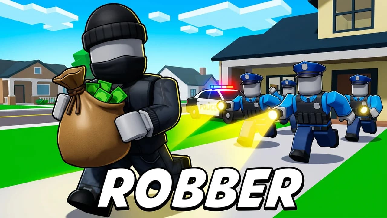Roblox robber thumbnail template, an avatar in a black beanie and mask running with a money bag while police officers with flashlights chase from a police car, ROBBER text