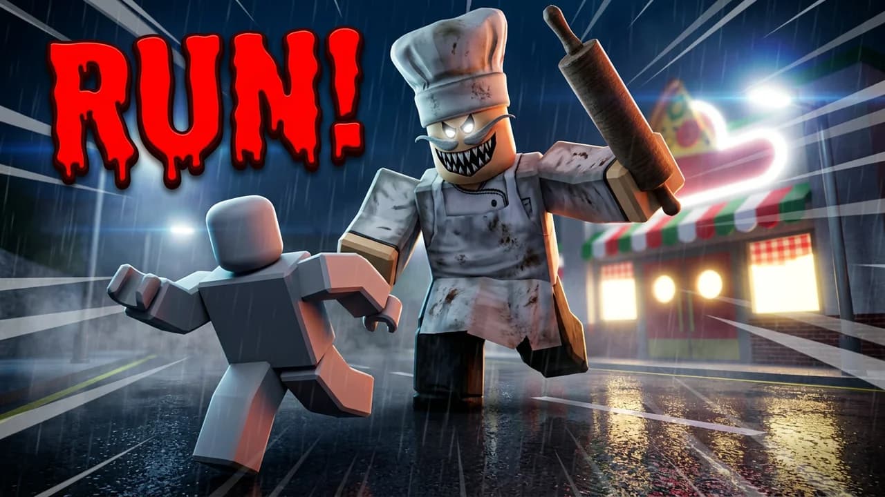 Roblox scary game thumbnail template, an avatar running through a rainy street at night from a monster chef with a rolling pin outside a pizza shop, dripping red RUN! text