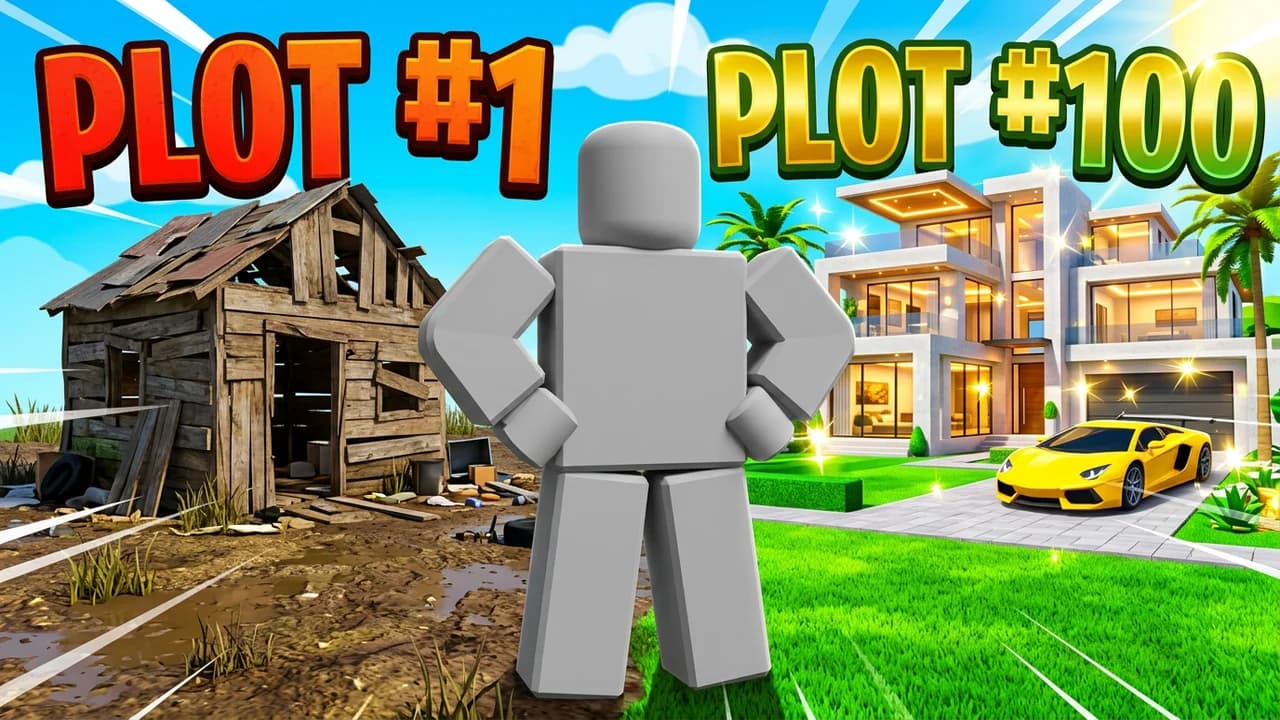 Roblox tycoon thumbnail template, an avatar standing between a broken wooden shack on the left and a modern mansion with a yellow sports car on the right, PLOT #1 and PLOT #100 text