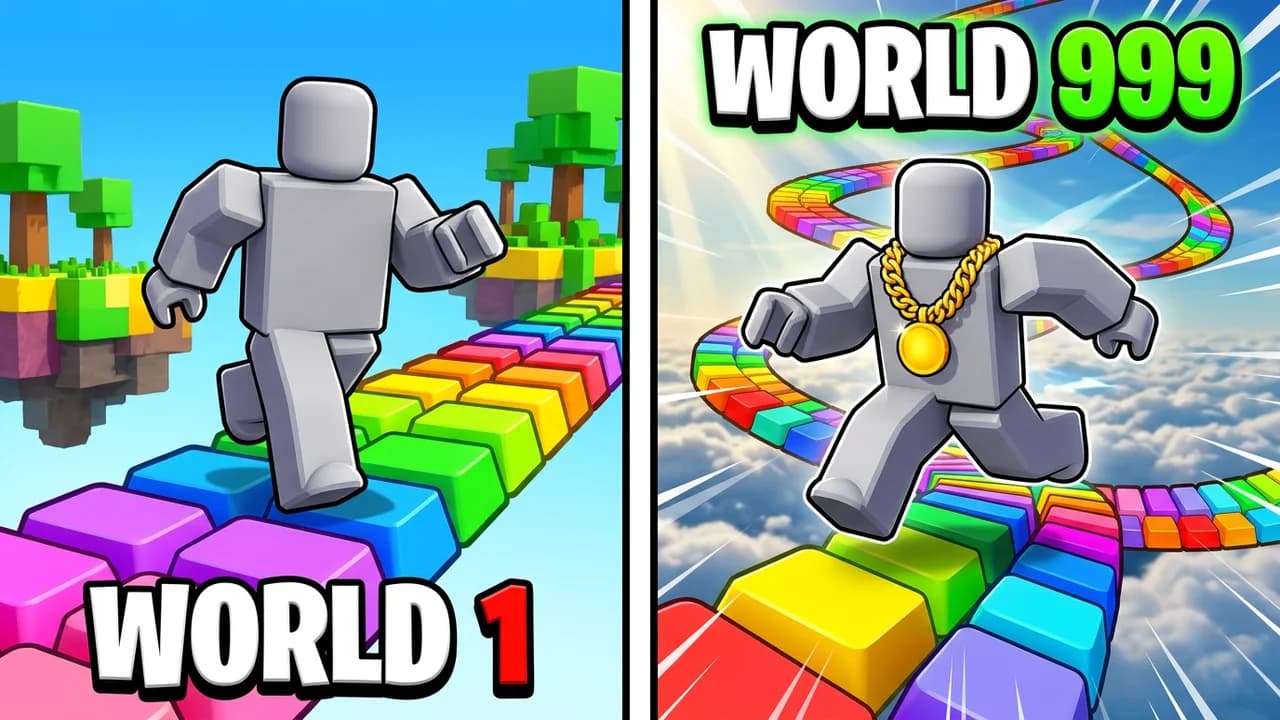 Roblox world 1 vs world 999 obby thumbnail template, an avatar running on a short rainbow block path by floating islands on the left and an avatar with a gold chain on a huge rainbow path above the clouds on the right, WORLD 1 and WORLD 999 text