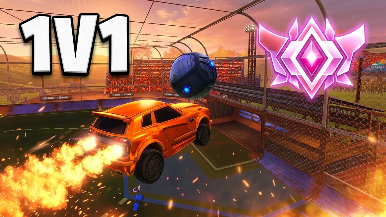 Rocket League 1v1 thumbnail template, an orange car flying on a fire boost toward the ball in a sunset stadium with a glowing pink winged rank emblem, 1V1 text