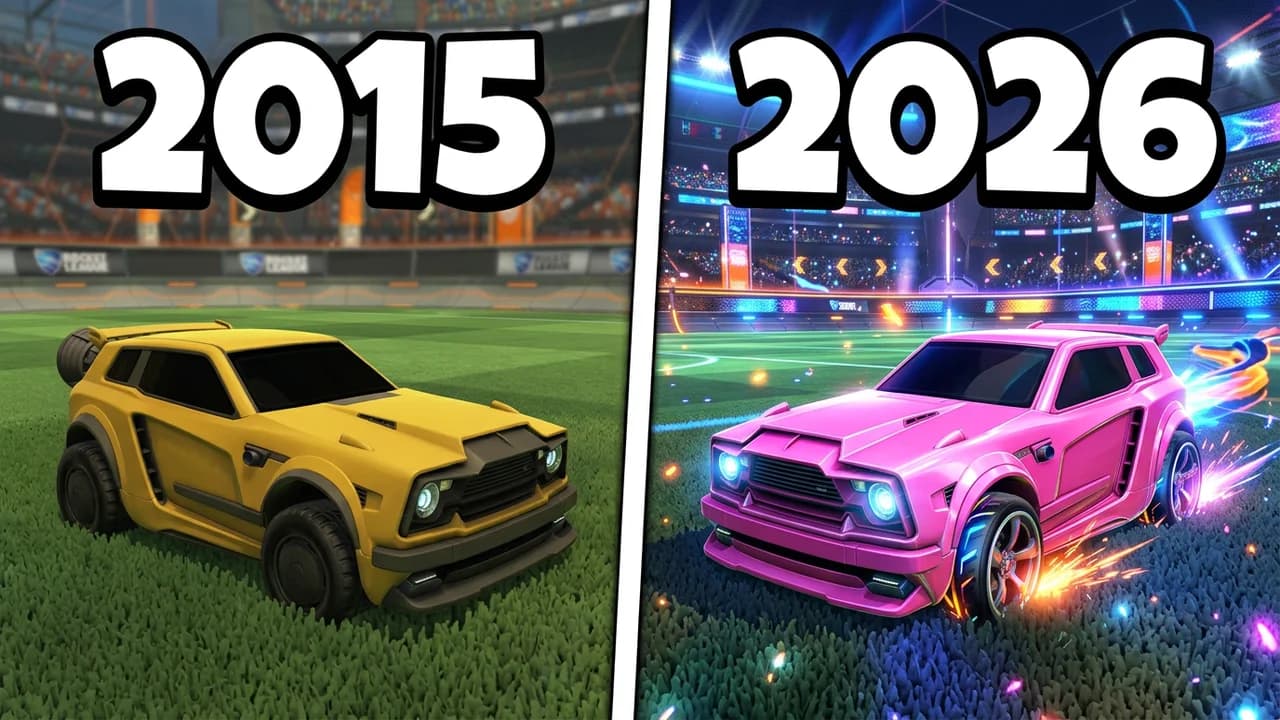Rocket League then and now split thumbnail template, a yellow car on a flat plain pitch on the left and a glossy pink car on a neon-lit pitch on the right, 2015 and 2026 text