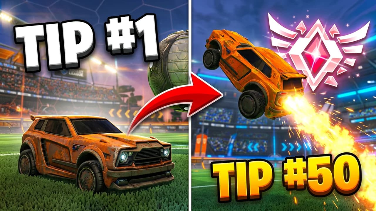 Rocket League tips split thumbnail template, a battered orange car on the grass, a red arrow to the same car flying beside a glowing winged rank emblem, TIP #1 and TIP #50 text