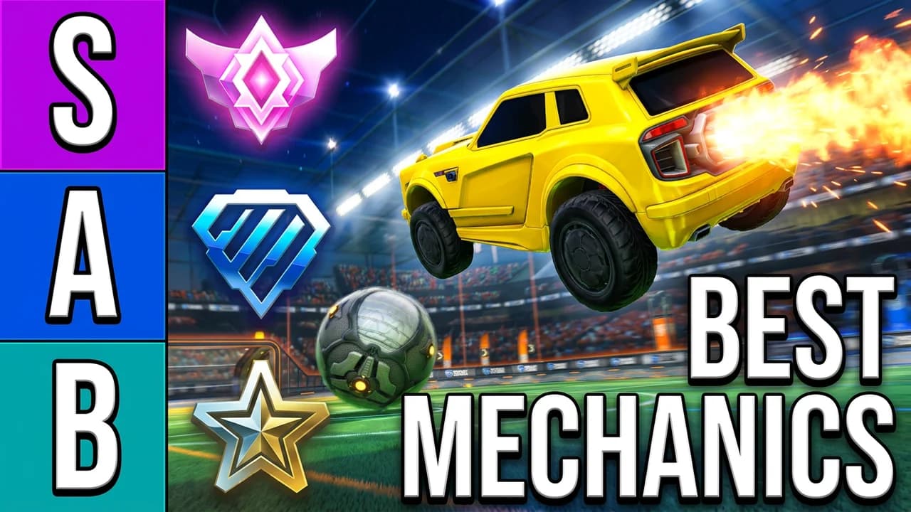 Rocket League tier list thumbnail template, an S, A and B tier column with a rank emblem on each row and a yellow car flying out on a fire boost, BEST MECHANICS text