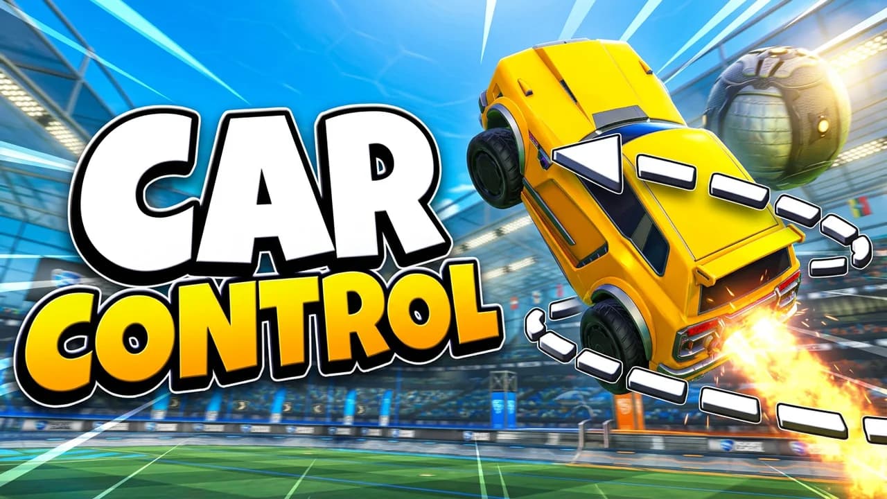 Rocket League car control thumbnail template, a yellow car flying sideways along a white dashed loop path by the ball under a blue sky, CAR CONTROL text