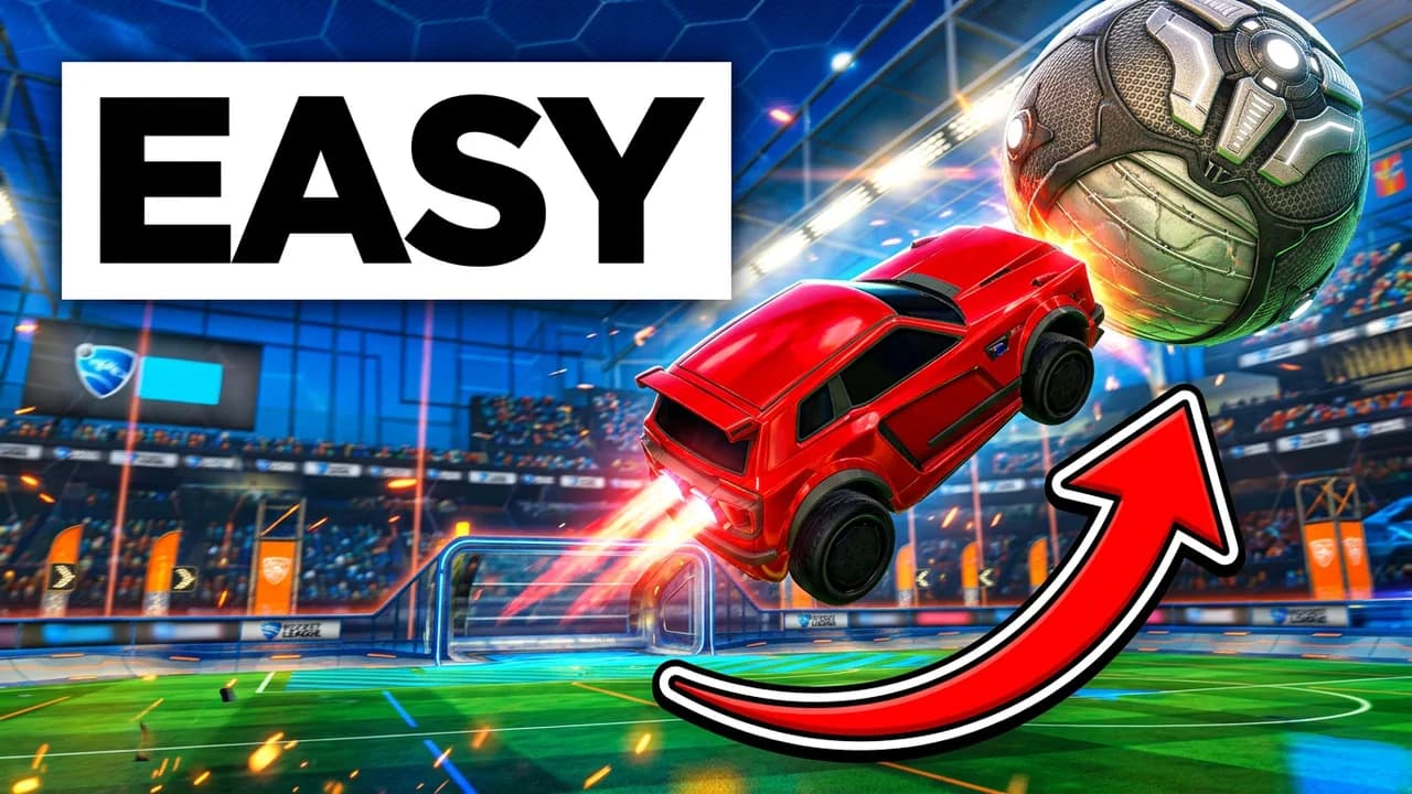 Rocket League easy trick thumbnail template, a red car flying up at the ball with a curved red arrow showing its path in a bright stadium, EASY text on a white box