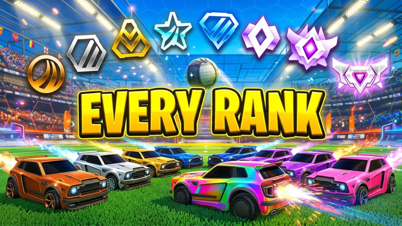 Rocket League every rank thumbnail template, an arc of rank emblems from bronze to the top crest over a row of cars in every colour on the pitch, EVERY RANK text