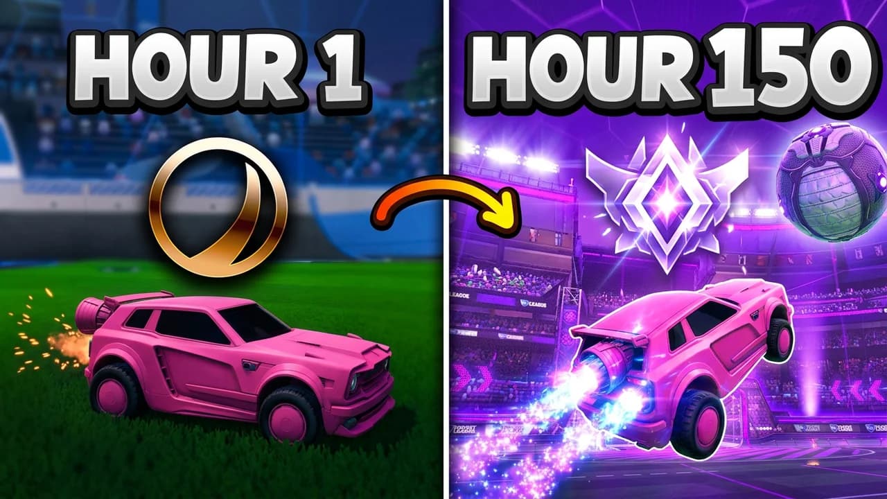 Rocket League progress split thumbnail template, a pink car under a dull bronze rank emblem on the left, an orange arrow to the same car flying under a glowing purple diamond emblem on the right, HOUR 1 and HOUR 150 text