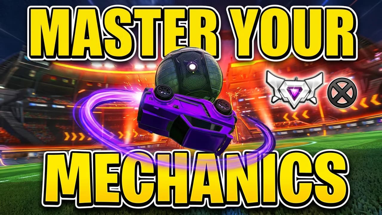 Rocket League mechanics thumbnail template, a purple car flipping upside down under the ball inside a purple boost ring in a red-lit stadium, MASTER YOUR MECHANICS text