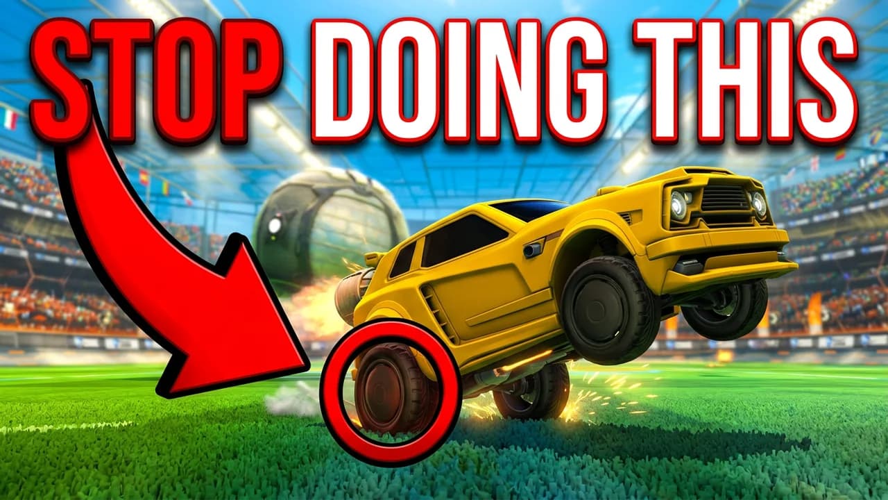 Rocket League mistakes thumbnail template, a yellow car tipped up on its back wheels with a big red arrow and a red circle on its wheel, STOP DOING THIS text