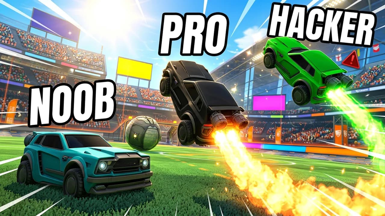Rocket League noob pro hacker thumbnail template, a teal car parked on the grass, a black car boosting up on a fire trail and a green car flying on a green trail by the giant ball, NOOB, PRO and HACKER text