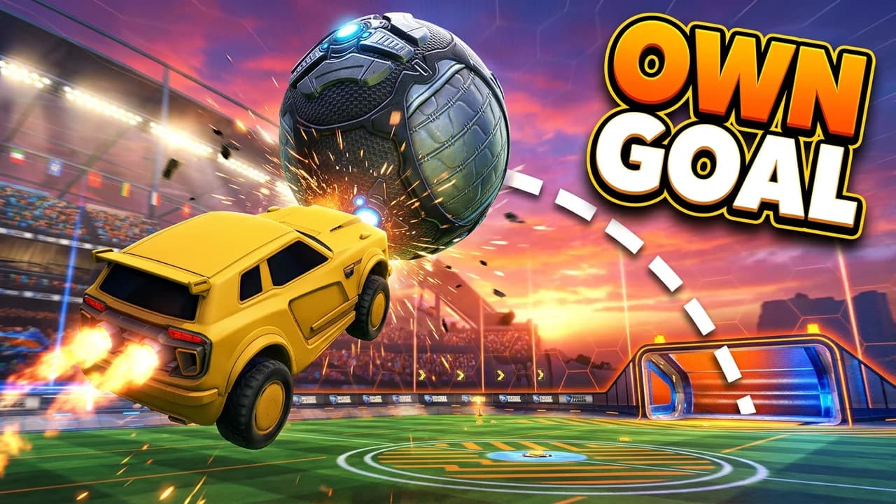 Rocket League fail thumbnail template, a yellow car smashing the ball back toward its own goal with a dashed white path in a sunset stadium, OWN GOAL text