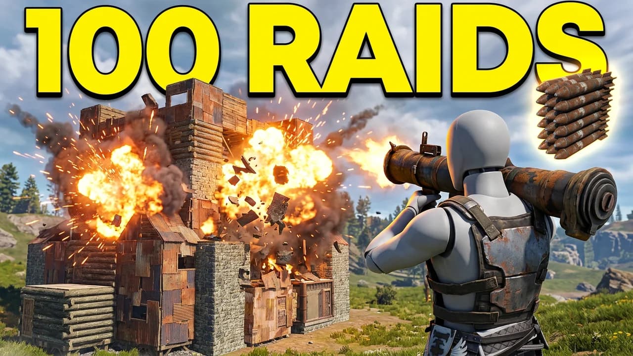 Rust raid thumbnail template, a player with a rocket launcher aiming at a base with explosions on its walls and a stack of rockets beside it, 100 RAIDS text