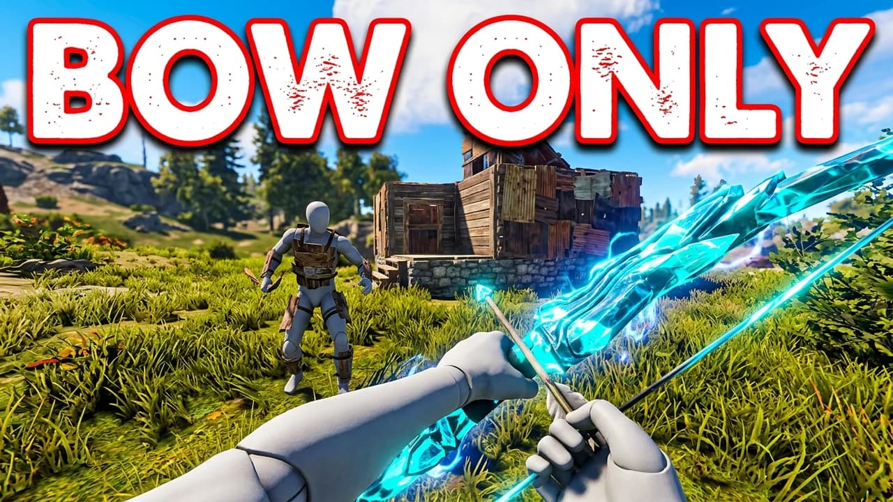 Rust bow only thumbnail template, a first person view drawing a glowing cyan crystal bow at a player in wooden armour near a small wooden base, BOW ONLY text