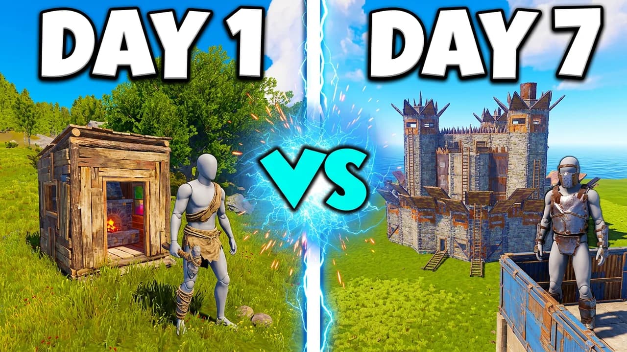 Rust day 1 vs day 7 thumbnail template, a small wooden shack with a furnace on the left, a big stone castle base on the right, a blue VS, DAY 1 and DAY 7 text