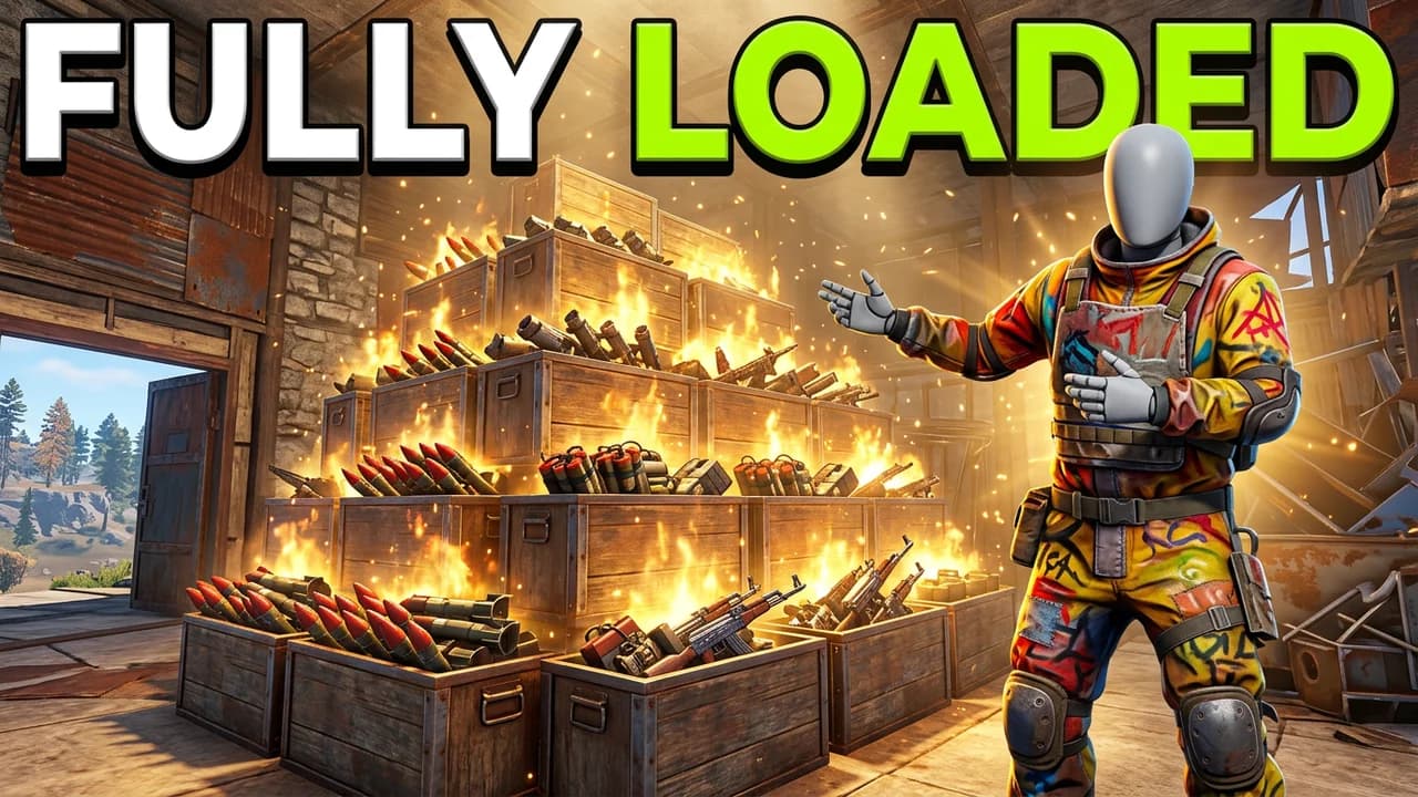 Rust loot thumbnail template, a player in a colourful hazmat suit standing by boxes packed with rockets and guns in golden light, FULLY LOADED text
