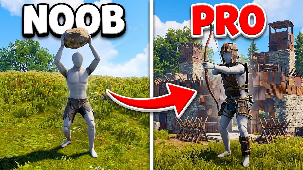 Rust noob vs pro thumbnail template, a naked player in shorts holding a rock overhead on the left, a red arrow to a player in wooden armour aiming a bow by a base on the right, NOOB and PRO text