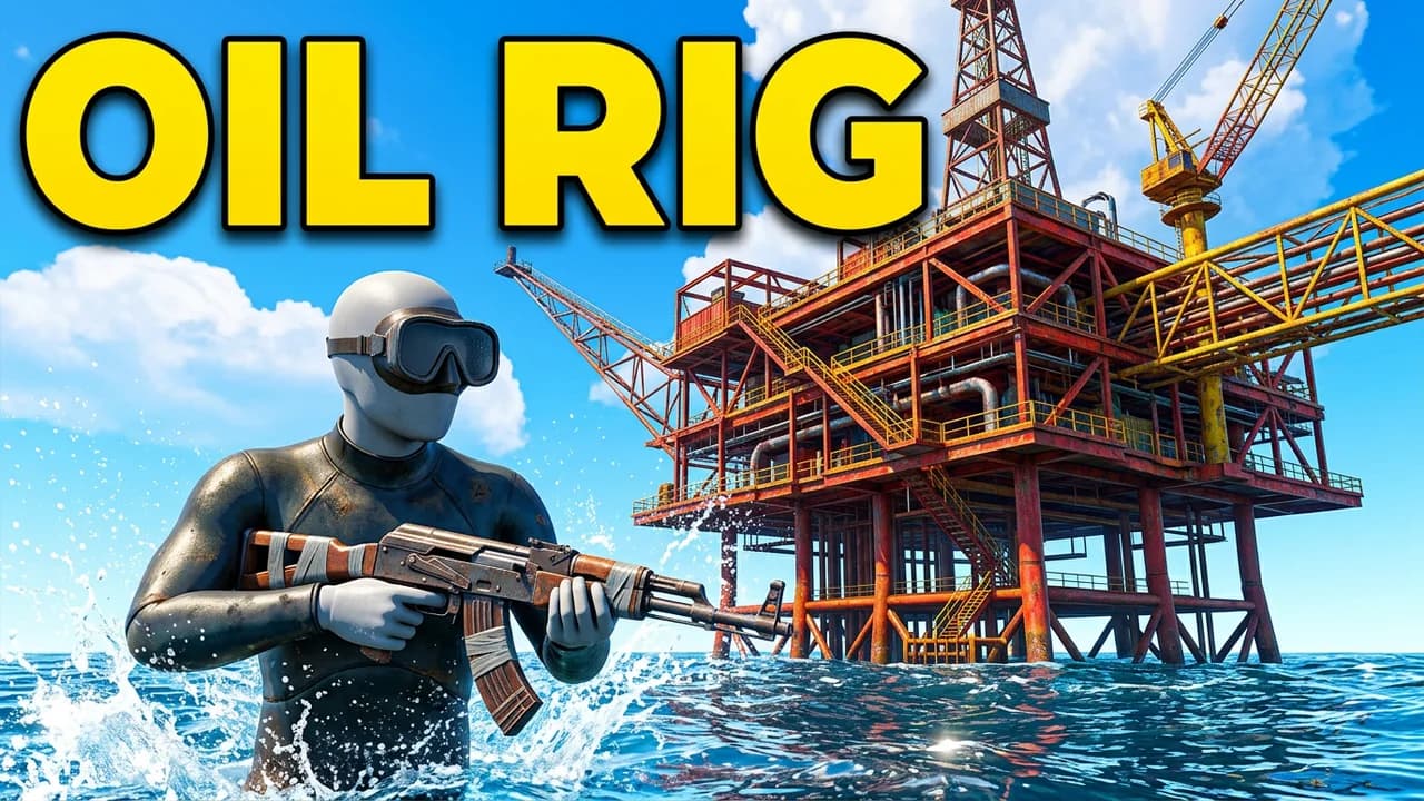 Rust oil rig thumbnail template, a player in a wetsuit and goggles holding a rifle waist deep in the sea in front of a red and yellow oil rig, OIL RIG text