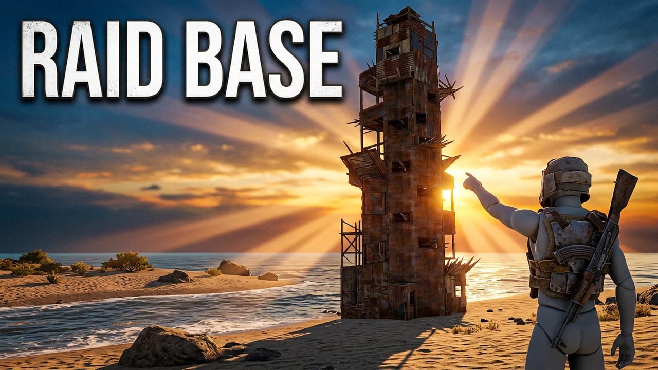 Rust raid base thumbnail template, a tall sheet metal tower base on a beach at sunset with a player pointing up at it, RAID BASE text