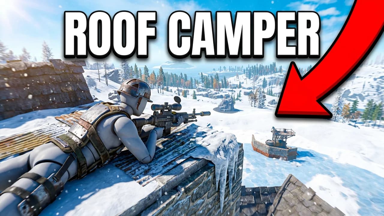 Rust roof camping thumbnail template, a player lying on a snowy roof aiming a sniper rifle at a base far across the valley, a red arrow, ROOF CAMPER text