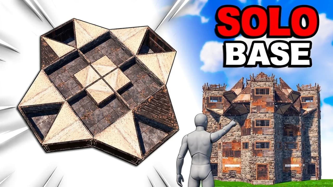 Rust solo base design thumbnail template, a star shaped floor plan next to the finished stone base with a player pointing at it, SOLO BASE text