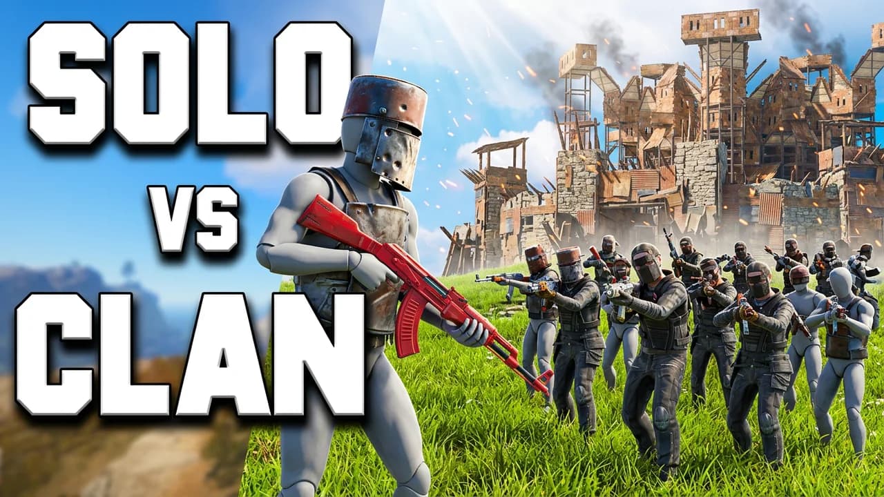 Rust solo vs clan thumbnail template, a player in a metal face mask holding a red rifle in front, a clan of armoured players behind him by a big wooden and metal base, SOLO VS CLAN text