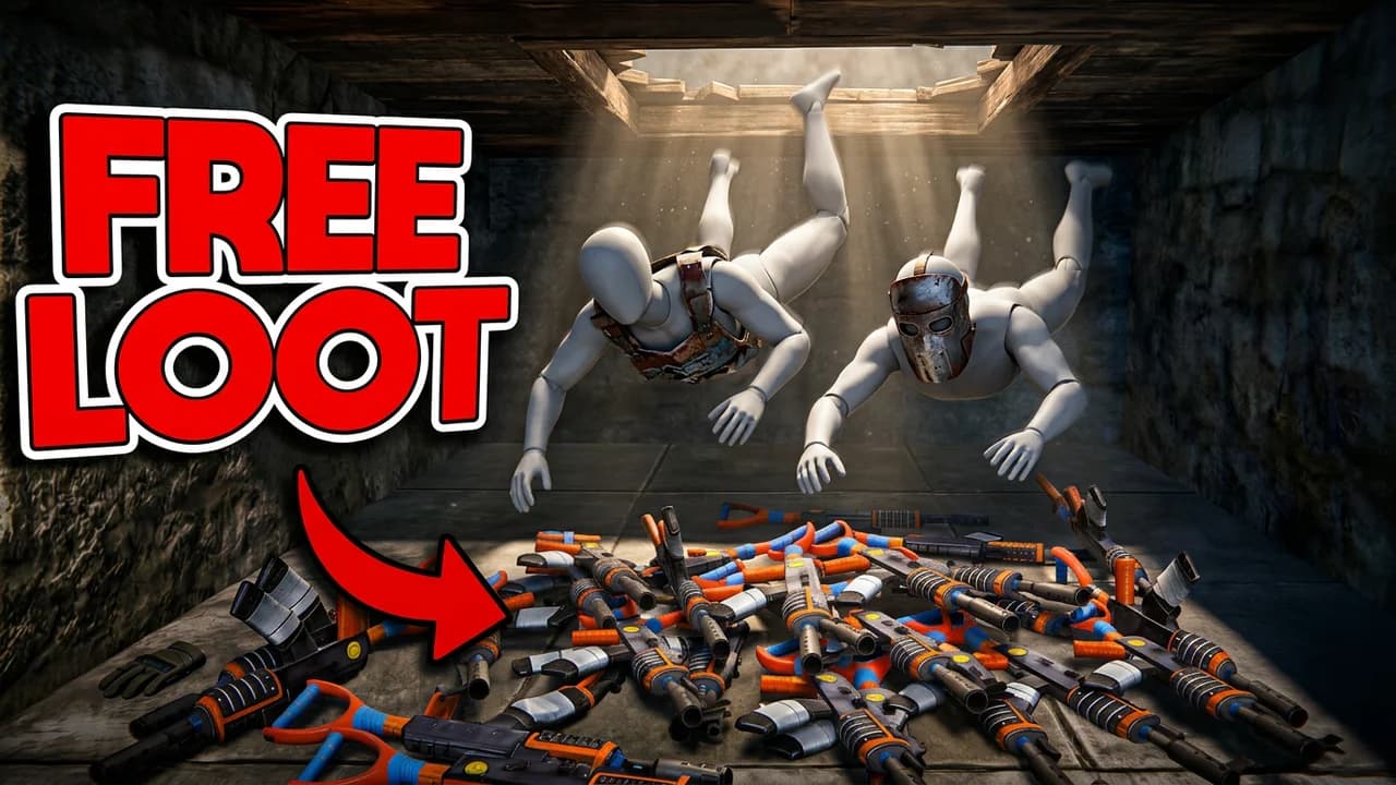 Rust trap base thumbnail template, two players falling through a hole in the ceiling toward a pile of guns, a red arrow pointing at the loot, FREE LOOT text