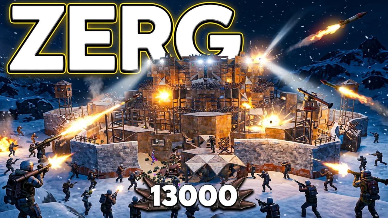 Rust zerg thumbnail template, a huge metal and stone base in a snowy field at night swarmed by players with rockets flying, ZERG and 13000 text