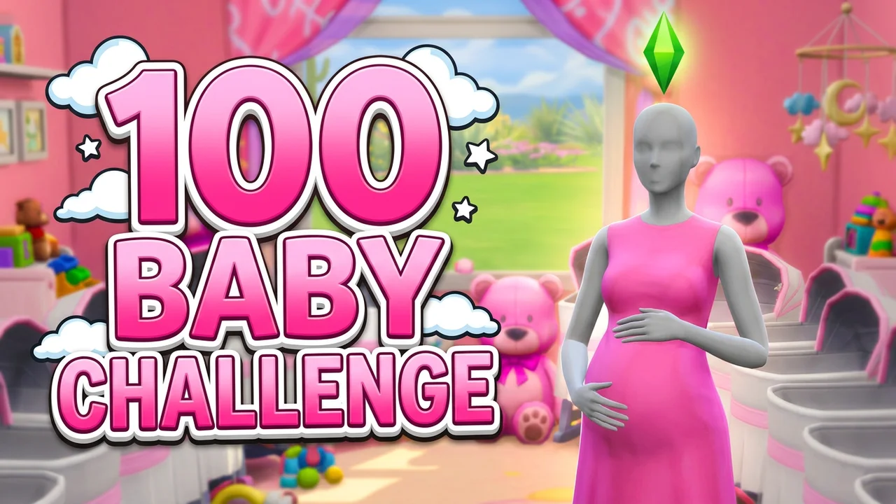 Sims 4 100 baby challenge thumbnail template, a pregnant Sim in a pink dress in a pink nursery with rows of cribs and teddy bears, 100 BABY CHALLENGE text