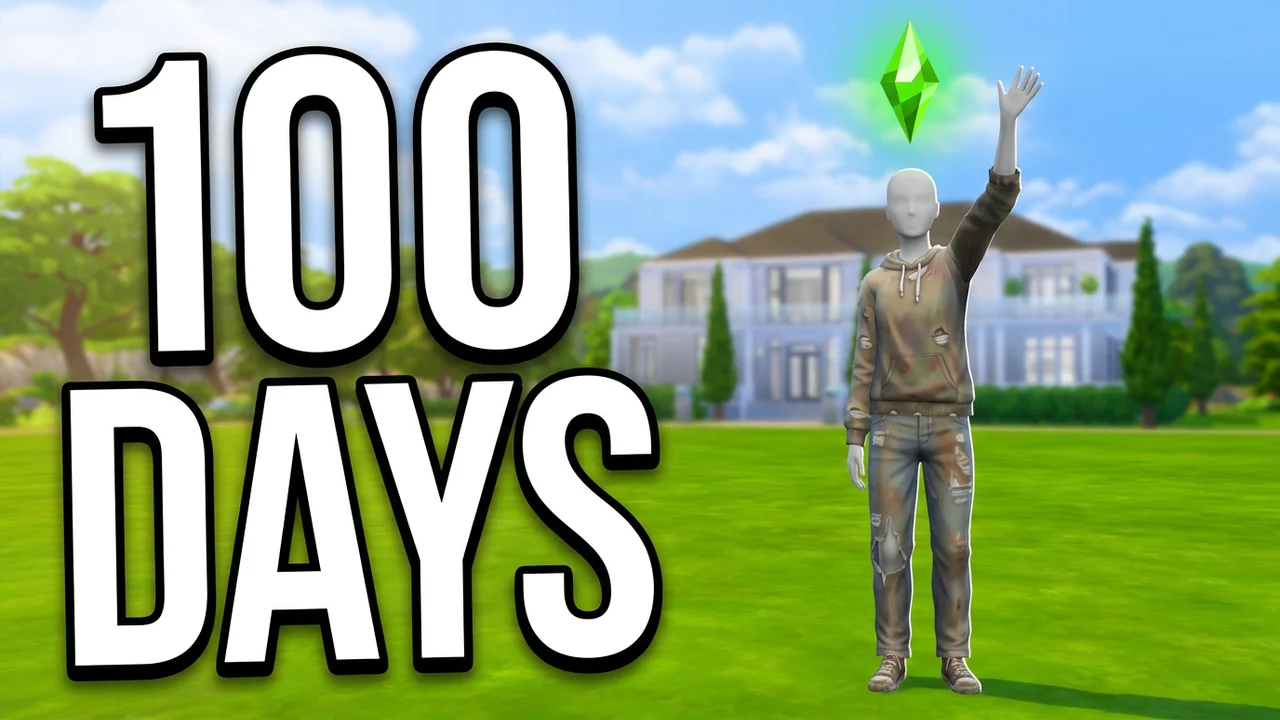 Sims 4 100 days thumbnail template, a Sim in torn clothes waving on an empty green lot with a big modern mansion faint behind, 100 DAYS text