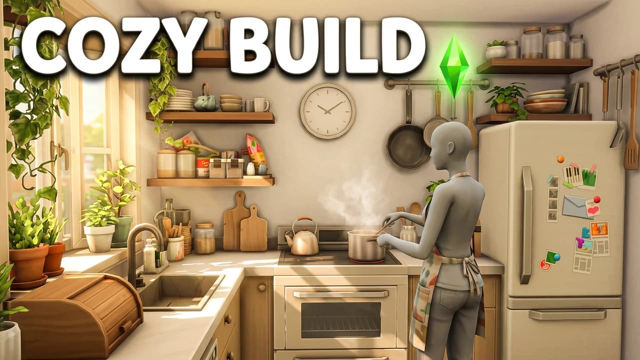 Sims 4 cozy build thumbnail template, a Sim in an apron cooking at the stove in a warm little kitchen with wooden shelves, plants and a wall clock, COZY BUILD text