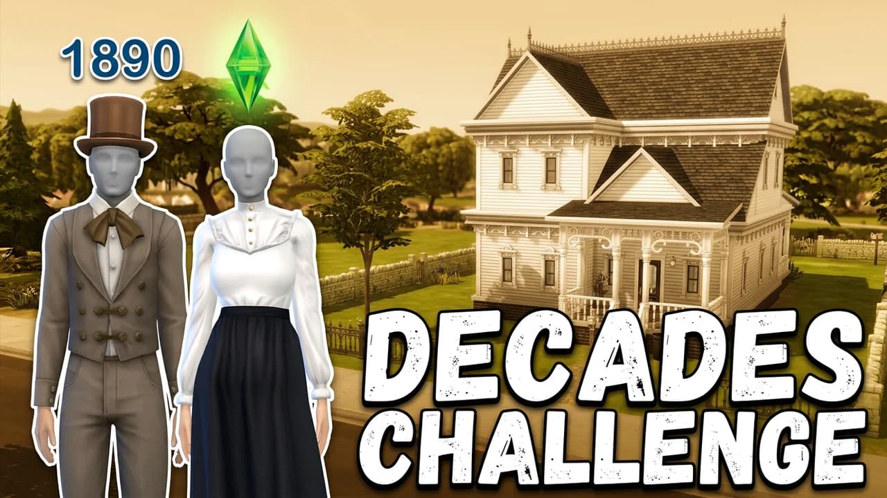 Sims 4 decades challenge thumbnail template, a couple in Victorian clothes, a top hat suit and a long skirt, in front of a white farmhouse in a sepia tint, DECADES CHALLENGE and 1890 text