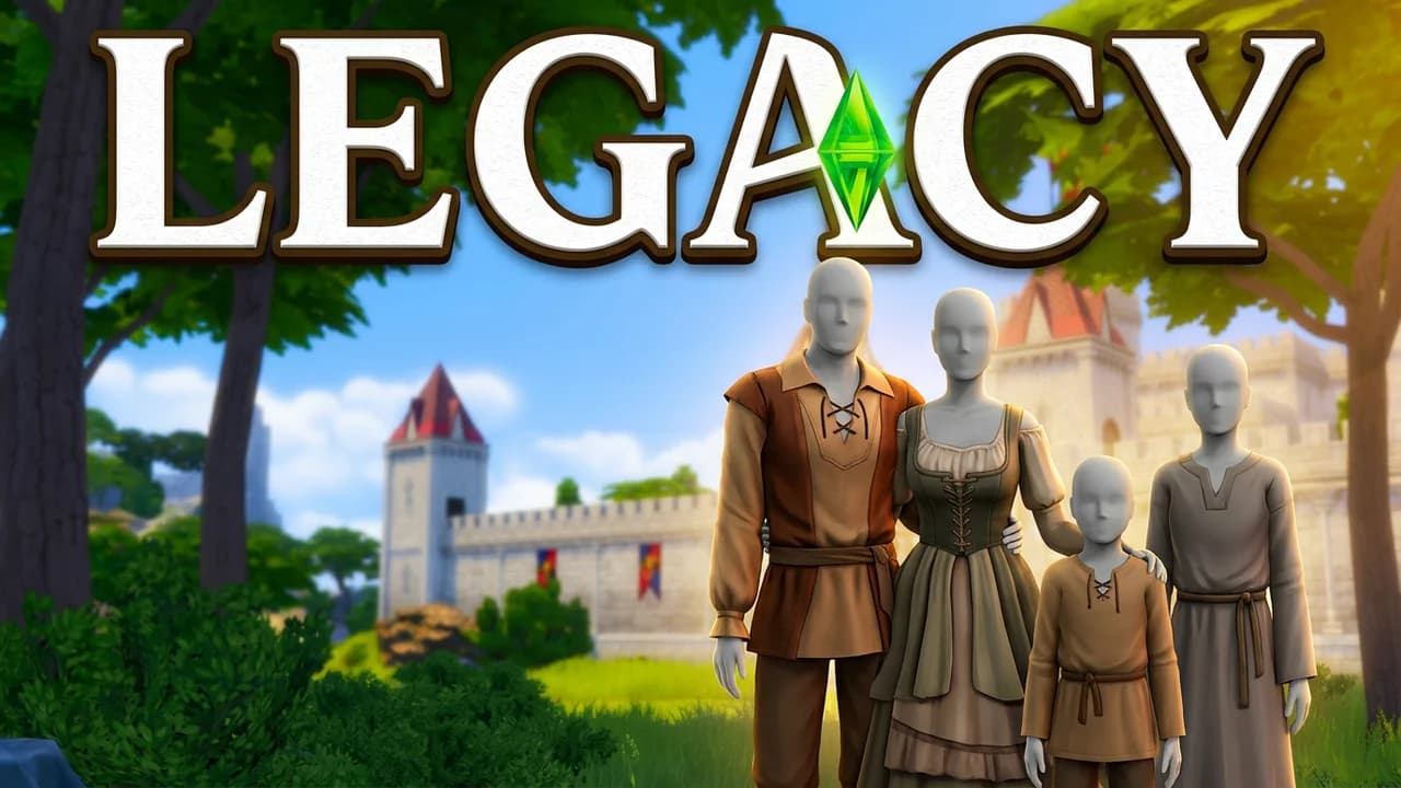 Sims 4 legacy thumbnail template, a family of four Sims in medieval tunics and dresses standing together in front of a stone castle, LEGACY text with a plumbob in the A