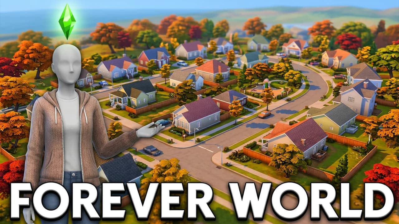 Sims 4 save file thumbnail template, a Sim in a cardigan presenting a bird's-eye view of a small neighbourhood of houses and roads in autumn colours, FOREVER WORLD text
