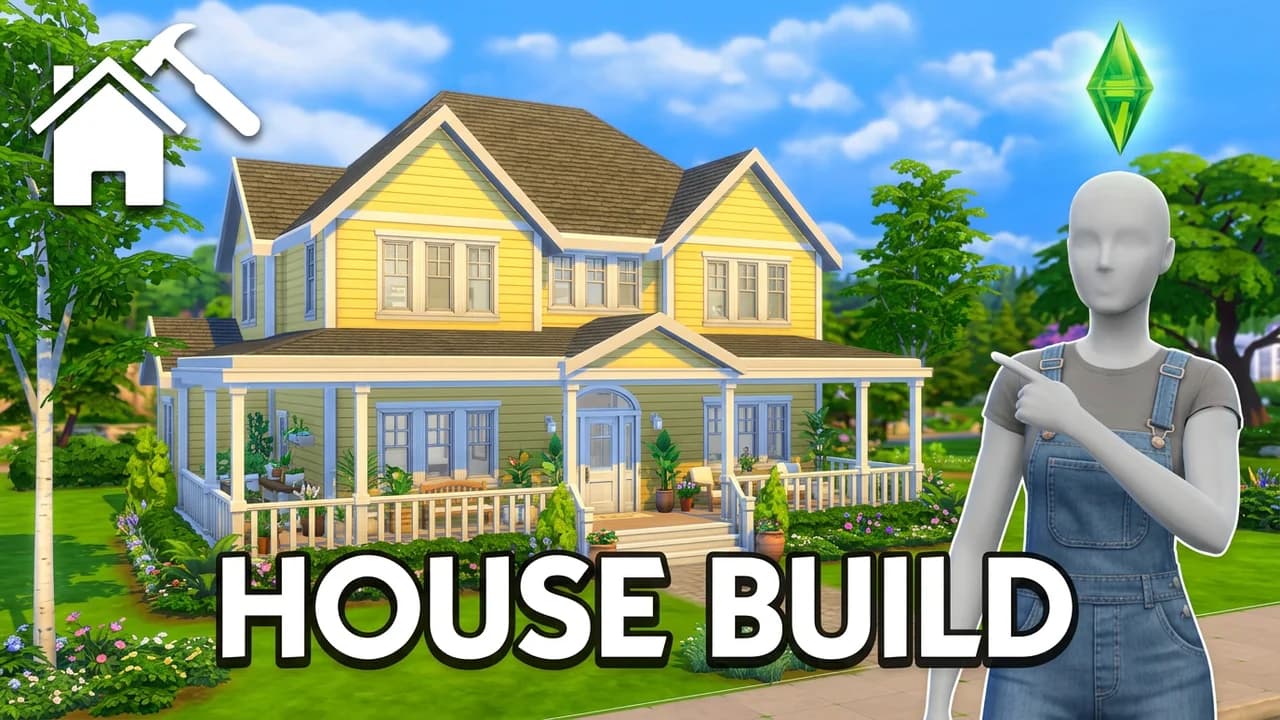 Sims 4 house build thumbnail template, a Sim in denim overalls pointing at a yellow two-storey family house with a white wraparound porch, a house and hammer icon, HOUSE BUILD text