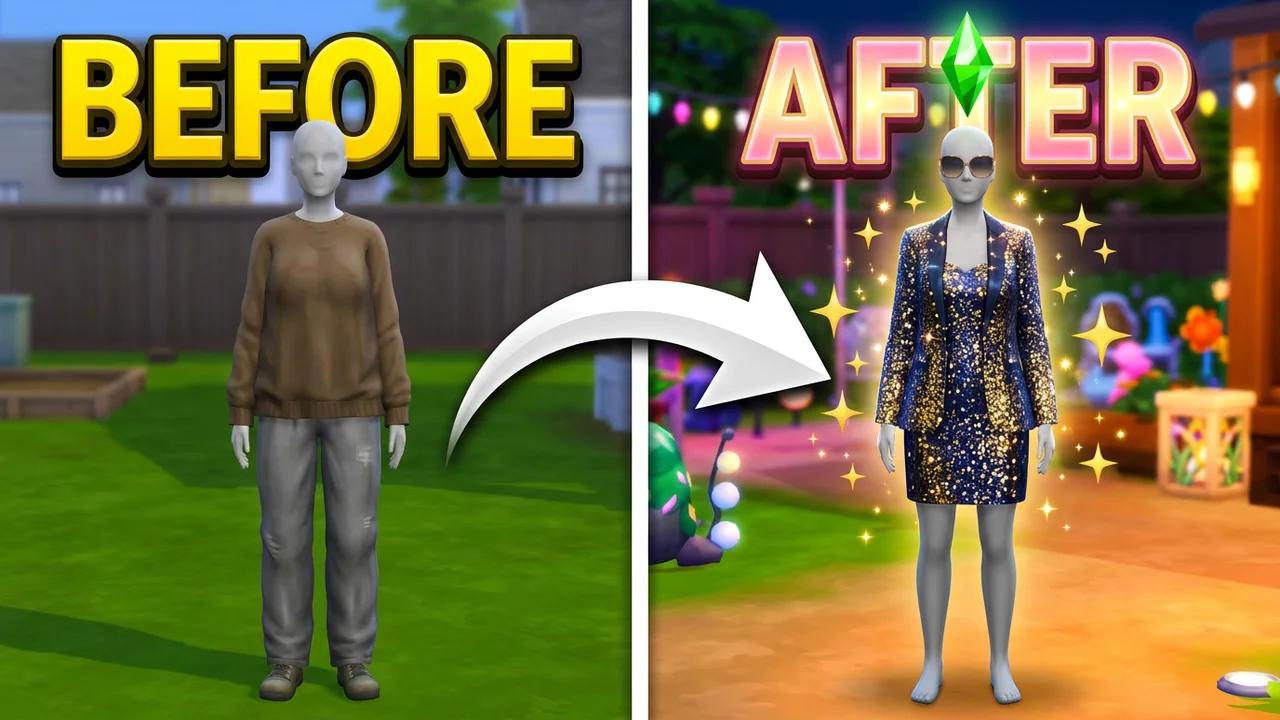 Sims 4 makeover thumbnail template, a Sim in a baggy sweater and jeans on the left and the same Sim in a sparkly sequin suit and sunglasses on the right with a curved arrow between, BEFORE and AFTER text
